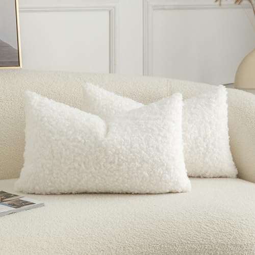 Image of Pack of 2 Curly Teddy Wool Faux Fur Throw Pillow Covers Fuzzy Accent Soft Sherpa Pillowcases Sheepskin Fleece Decorative Cushion Case for Sofa Couch Living Room 12x20 Inch Neutral White