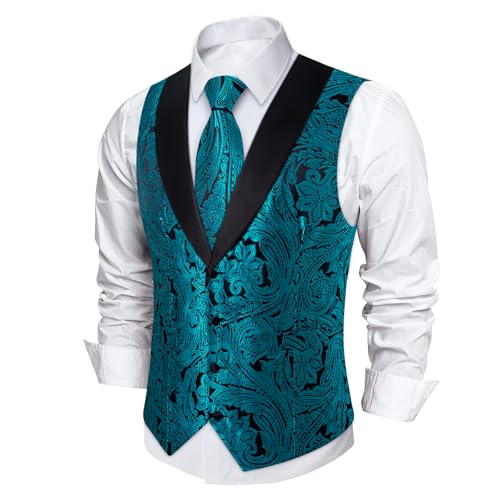 Image of DiBanGu Mens Paisley Suit Vest Silk Jacquard Waistcoat and Necktie Set Formal Shawl Collar Dress Vest 7PCS for Wedding Party