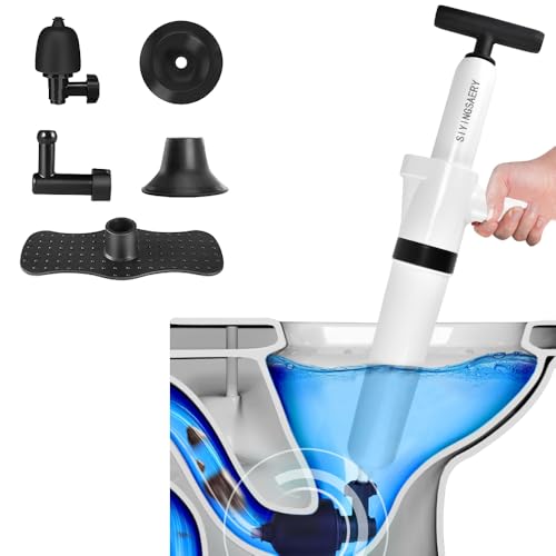 Image of Toilet Plunger, High Pressure Air Drain Blaster Gun Powerful Air Drain Blaster with Visual Barometer, 5 Heads for Bathroom Kitchen Floor Drain Sink Clogged Pipe
