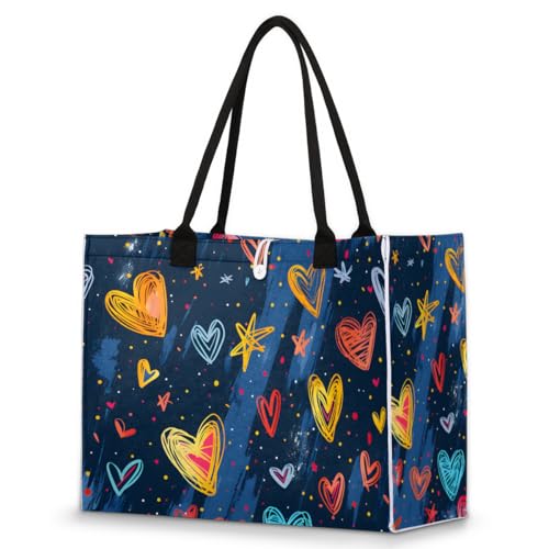 Abstract Star Heart Tote Bag for Women Large Beach Bag Reusable Tote Bags for Work Travel Beach Shopping