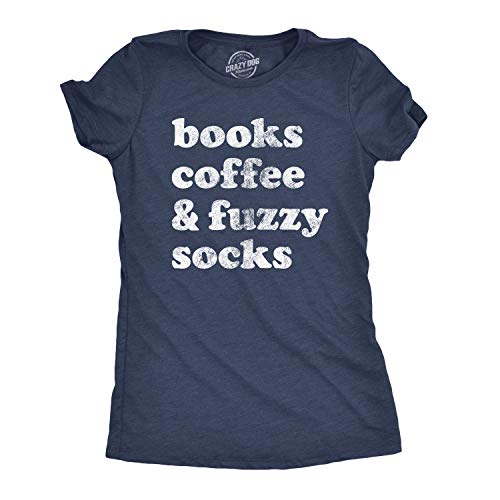 Womens Books Coffee and Fuzzy Socks T Shirt Funny Gift for Her Cottage Lake Tee (Heather Navy) - S