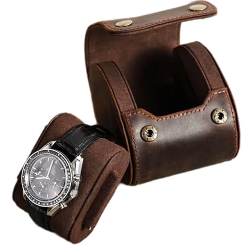 UPRESYE Leather Single Watch Case,Genuine Leather Vintage Watch Roll Travel Case for Storage Organizer Display (1 Slot)