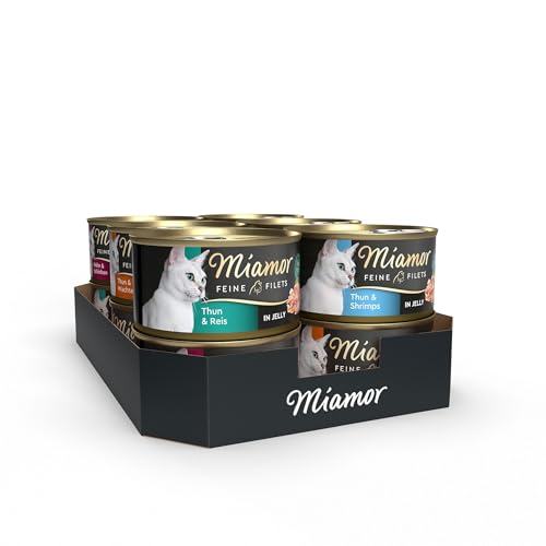 MIAMOR - Feine Filets in Jelly Mixpaket 1| Nassfutter für ausgewachsene Katzen mit Filetstückchen in Jelly. Fettarmes Ergänzungsfutter in der Dose ohne künstliche Zusätze | 12x100g