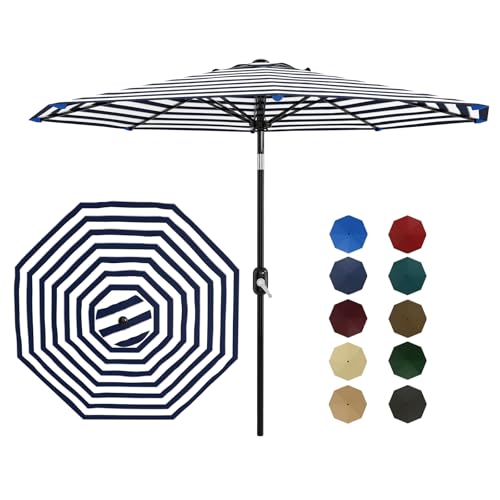 Patio Umbrella 9ft, Table Umbrella Outdoor Patio UV Protection with Crank Lift & Push Button Tilt, 8 Sturdy Ribs for Yard, Deck, Pool - Blue & White Stripe
