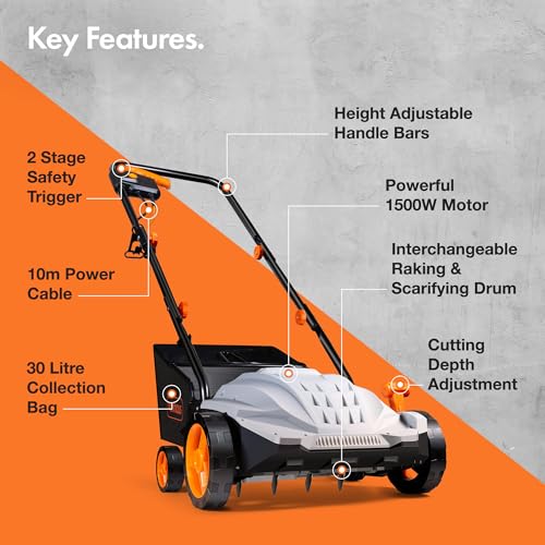 VonHaus Lawn Scarifier/Aerator/Rake Electric 1500W – for Dethatching/Raking Grass of Thatch, Moss, Dead Leaves and Aerates Soil – 30L Collection Box, 10m Cable, 4 Cutting Heights, 32cm Working Width 7 VonHaus Lawn Scarifier/Aerator/Rake Electric 1500W – for Dethatching/Raking Grass of Thatch, Moss, Dead Leaves and Aerates Soil – 30L Collection Box, 10m Cable, 4 Cutting Heights, 32cm Working Width - Image 7