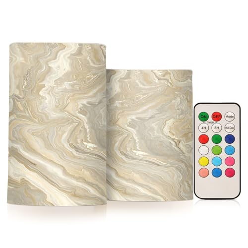 Image of Flickering Flameless Candles, Gold Tile Marble LED Candles with Remote Timer, Set of 2 Battery Operated Candle for Valentine Wedding Birthday
