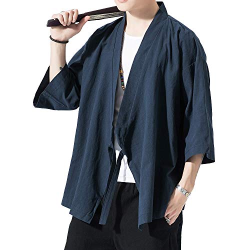 Image of PRIJOUHE Men's Kimono Jackets Cardigan Lightweight Casual Cotton Blends Linen Seven Sleeves Open Front Coat Outwear