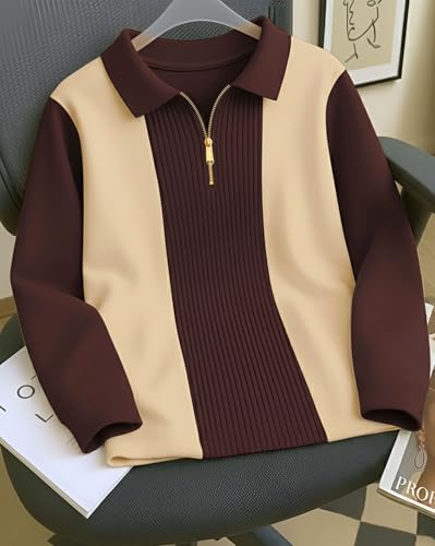 Image of Mens Stylish Half Zipper Collared Neck Tshirt, Casual Texture T-Shirt for Men, Formal Full Sleeves T-Shirt for Boys, Texture Tshirs for Boy