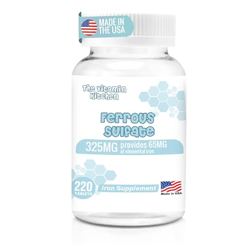 The Vitamin Kitchen Ferrous Sulfate 325 mg (65 mg Elemental Iron) High Potency Iron Supplement - High Potency Iron Pills for Red Blood Cells - No Artificial Color Additives - 220 Tablets Made in USA