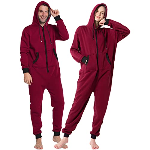Laahoem Unisex Adult Pajamas Hooded Men Women Jumpsuit Zip Sportwear Dark Red Black Zipper M