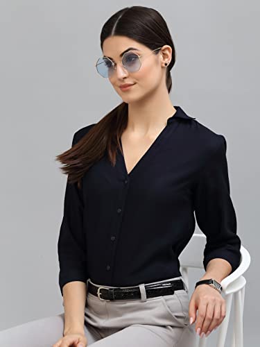 Image of Style Quotient Women Solid Navy Viscose Rayon Semi Formal Shirt