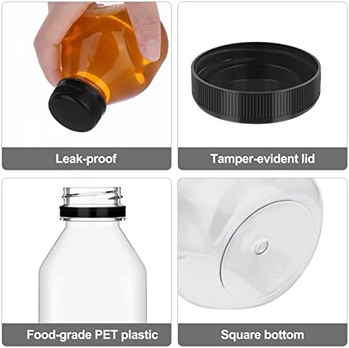 MIMIND 12 Pack Plastic Juice Bottles with Black Lids Reusable Square Clear 8 Ounces Juice Container for Juice, Milk, Smoothie and Other Homemade Beverages