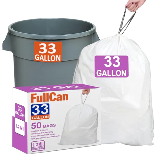 Image of 30-33 Gallon White Drawstring Heavy Duty 1.2 MIL THICK Trash Bags 50 Count Compatible with Rubbermaid Brute and Most Outdoor 30-33 Gallon Trash Can Sturdy & Tear-Resistant HEAVY DUTY