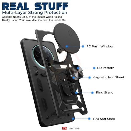 Image of Armor Bumper Back Cover Case for Vivo T4 5G / iQOO Z10 5G Rotating Camera Cover, Ring Holder & Kickstand | Heavy Duty & 360 Degree Protection Vivo T4 5G / iQOO Z10 5G Back Cover (Black)
