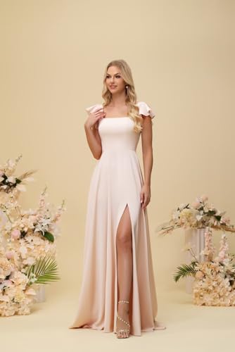 Satin Bridesmaid Dresses for Wedding Ruffle Sleeve A Line Long Formal Evening Party Dress for Women4