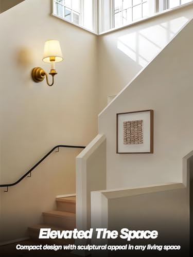 Image of Vintage Fabric Wall Sconce Light with Curved Arm, Rustic Linen Cloth Wall Light Fixtures, Hardwired Brass Wall Mounted Lamp for Bathroom Vanity Bedroom Living Room