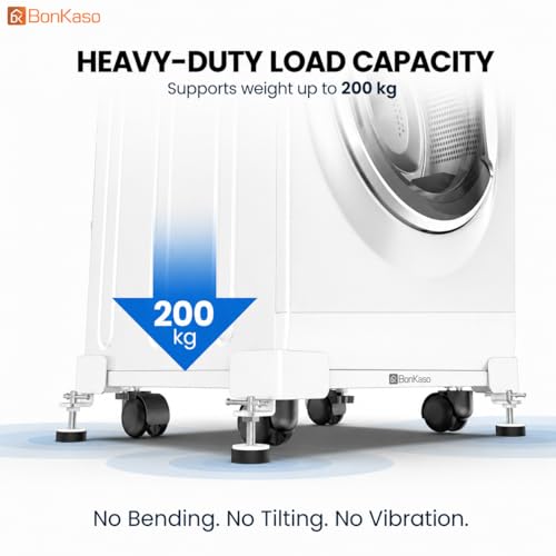 Image of BonKaso Adjustable Heavy Duty Appliance Stand with Wheels & Anti-Slip Pads | Steel Frame Trolley for Washing Machine, Refrigerator & Dishwasher | Load Capacity 200 Kg (50x43x12.5 cm) White