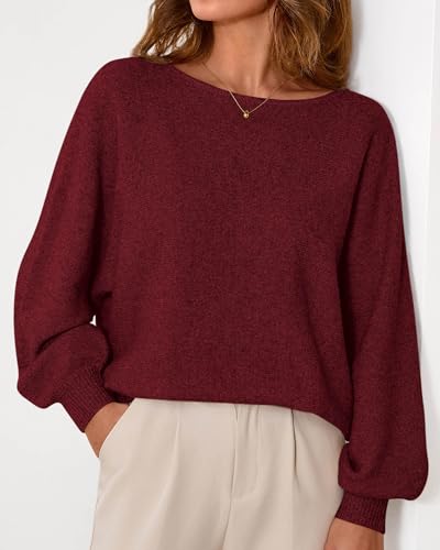 KIRUNDO Boat Neck Sweaters for Women Slouchy Oversized Knit Top,Burgundy,L - image 3