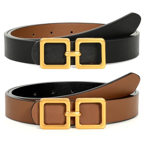 XZQTIVE 2 in 1 Reversible Leather Belts for Women Dress Pants Jeans with Fashion Gold Buckle, 0.9'' Wide