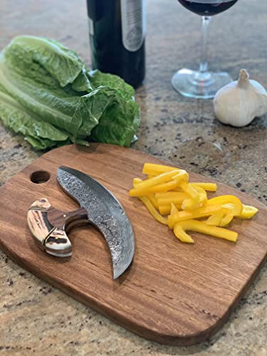 Handmade Traditional Ulu Knife With Damascus Steel Blade, Custom Handle, And Custom Sheath (Antler Angler With Walnut Cutting Board) #TOP2