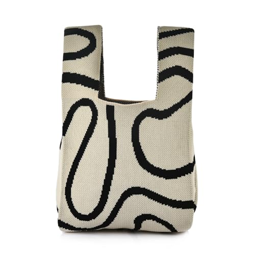 Image of Women Knitted Hobo Purse Stripes Crocheted Colorblock Knot Light Wristlet Tope-hanle Handbag For Shopping Work School