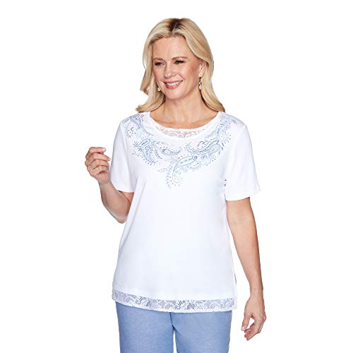 Alfred Dunner Womens Petite Paisley Embroidered Short Sleeve Lightweight Knit Top White