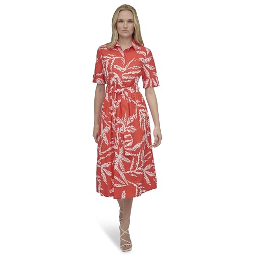 Image of DKNY Women's Short Sleeve Cotton Poplin Collared Midi Shirtdress