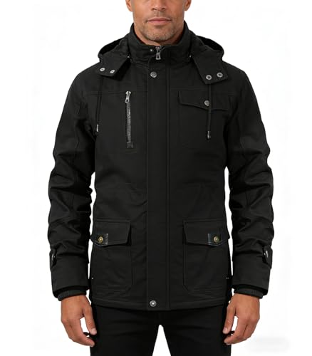 Image of INVACHI Men's Thick Winter Jacket With Hood,Fleece Lining Cotton Military Jackets,Work Coats with Multiple Pockets