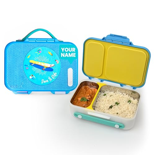 Image of rabitat Munchbee Pro Personalized Stainless Steel Kids Lunch Box 850ml- Food-Grade Steel Bento Tiffin | 2-Year Brand Warranty | Spill-Proof Flick-Lock | 3 Compartments, BPA-Free, School-Safe | Spunky