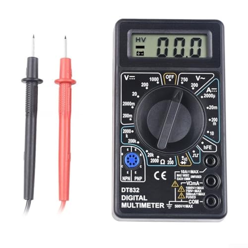 Image of Dt832 Digital Multimeter With Test Leads For Electrical Repair And Student Learning Black Plastic Case Measures Voltage Resistance Diode Transistor