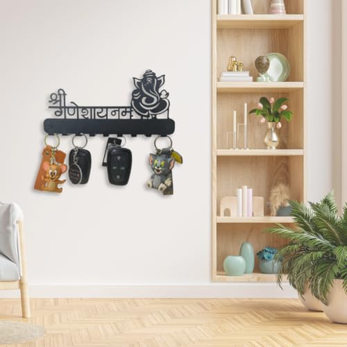 Image of Metal Key Holder for Wall with Beautiful Ganesh Design Art, 9 Hooks, Black Matte, Pre-Drilled Holes, Decorative Key Stand & Organizer