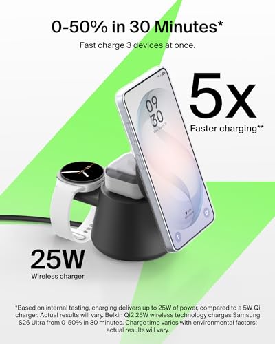 Image of Belkin Qi2.2 25W Magnetic Wireless Charging Station, 3 in 1 Samsung Charger