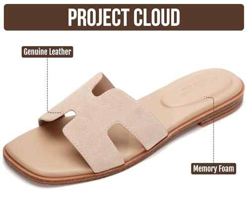 Image of Project Cloud 100% Genuine Leather Sandals for Women 2026 - Fashion Flat Womens Sandals with Memory Foam Insole Slides Sandals Women Footwear - Mules Women's Sandals (Jannel)