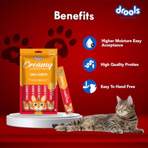 Drools All Life Stages Creamy Lickable Cat Treat (75g x 5 Sticks,375g) Pack of 5 | Tuna & Bonito Flavour | Easy to Hand Feed | All Life Stages | Enriched with Vitamins