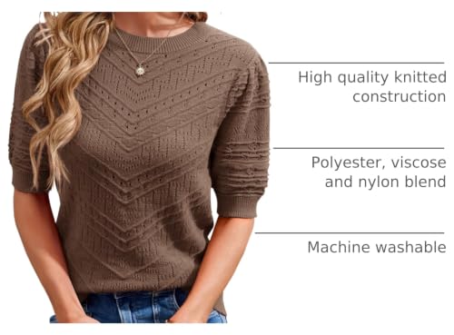 Image of Womens Puff Short Sleeve Sweater Summer Crew Neck Ribbed Knit Pullover Tops