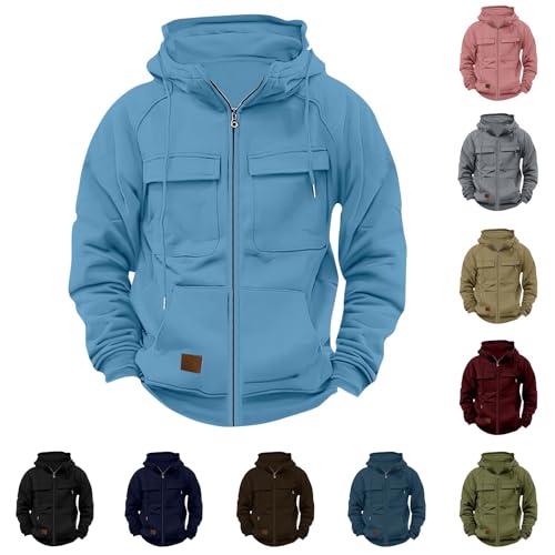Hoodies for Men, Men's Solid Long Sleeve Zipper Hooded Pullover Cargo Outdoor Tactical Sweatshirts with Pockets2