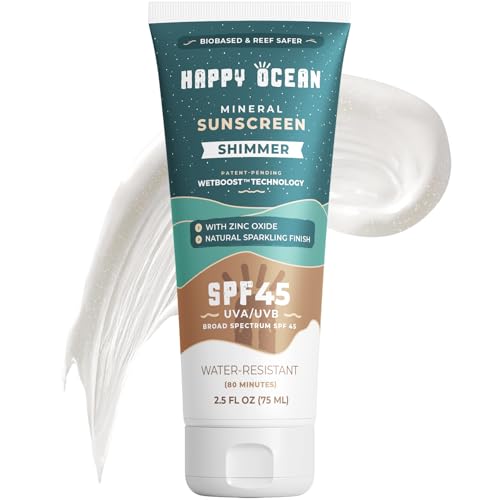 Happy Ocean Shimmer Sunscreen SPF 45 Mineral Glitter Body Shimmer with Natural Mica Sparkle Biodegradable Reef Safe Zinc Oxide Water Resistant 2.5 oz