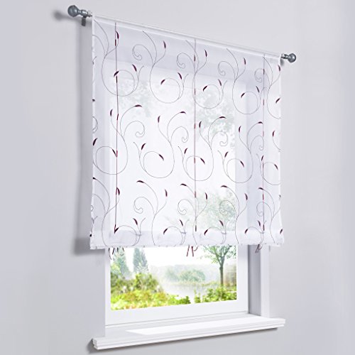 HongYa Transparenter Voile Bändchenrollo Tunnelzug Raffrollo Raffgardine mit Ranken-Stickerei H/B 120/60 cm Beere Cover