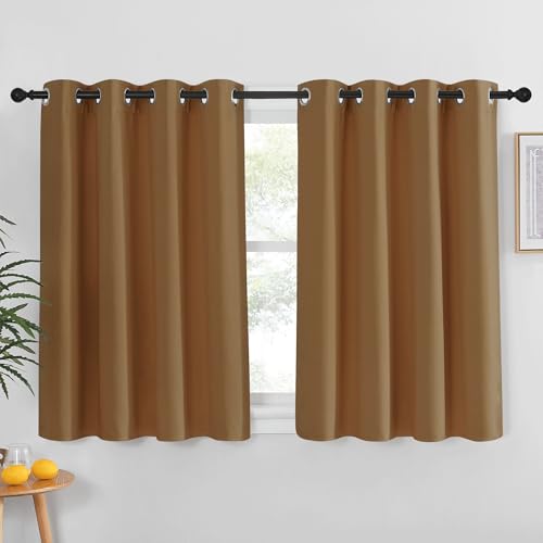 NICETOWN Kitchen Short Blackout Curtain and Drape - Thermal Insulated Solid Grommet Blackout Panel for Patio Bedroom Living Room (Single Panel, 52 inches by 45 inches, Gold Brown)