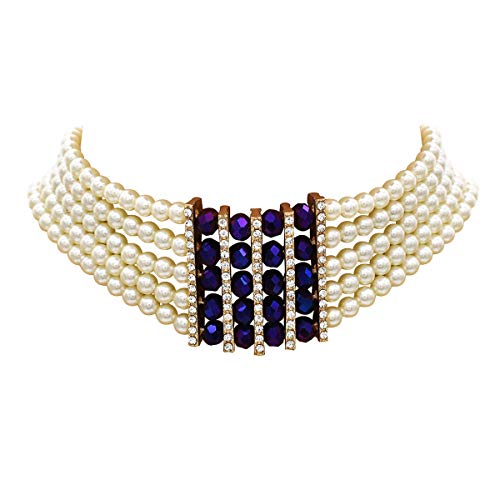 JNF Simulated Pearl Choker Necklace for Women Bridal Wedding Pearl Statement Necklace (5 Layers White Choker Purple)