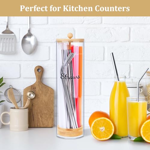 Acrylic Straw Holder 100 Pcs Colored Straws Includ, 13 Inch Clear Drinking Straw Organizer Container with Bamboo Lid & Sticker for Plastic Straws, Straw Organizer for Kitchen