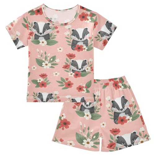 Pajama Short Sets Cute Badgers Among Flowers Pattern Soft Cotton Summer Sleepwear 2 Piece PJS Size 5-14T