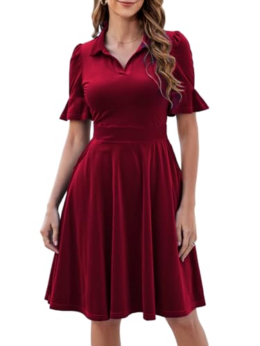 Image of Mokayee Womens Summer Ruffle Sleeve Collared V Neck Fit and Flare Elegant A line Swing Dresses with Pockets