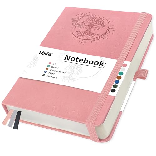 Mlife Notatnik B5 W Kropki Z Motywem Drzewa Życia, 300 Stron, Papier W Kropki 100 G/M2, Okładka Z Poliuretanu, Gumka, Uchwyt Na Długopis, 3 Zakładki, 19,5 X 25,5 Cm (Różowy)