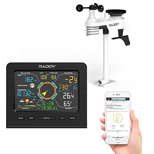 Raddy WF-100C Lite Stazione Meteo WiFi con sensore esterno, Stazione meteorologica domestica 13-in-1 con app, Termometro interno/esterno, Barometro, Igrometro, Anemometro e Pluviometro