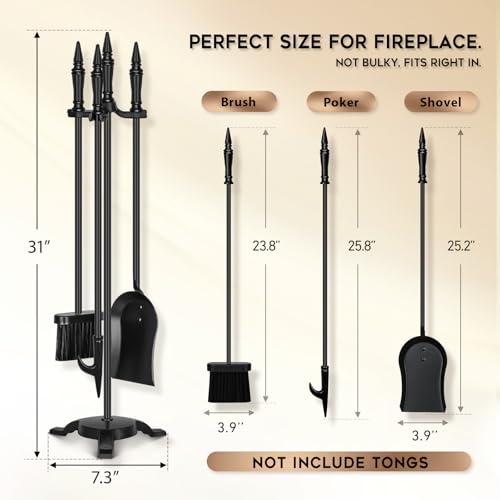 FEED GARDEN Fireplace Tools Set 4 Pieces, 31 Inch Modern Indoor Outdoor Wrought Iron Fire Place Set Tools, Black Fireplace Accessories Included Poker, Shovel, Brush, Base
