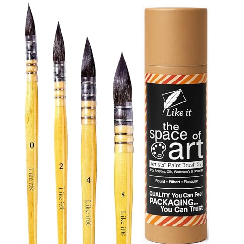 Image of Like It Artist Mop Brush Set of 4-Synthetic Hair Pointed Round Mop Paint Brushes for Watercolor, Acrylic & Gouache-Professional Art Painting Brushes for Artists,Beginners & Hobbyists with BrushHolder
