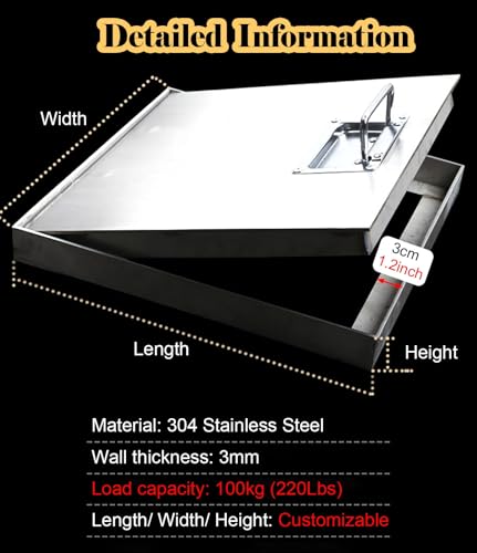 Invisible Manhole Cover with Handles, Customizable 304 Stainless Steel Metal Inspection Cover, Embedded Square Manhole Cover and Frame for Underground Storage Room(55x55x3cm/21.7x21.7x1.2inc