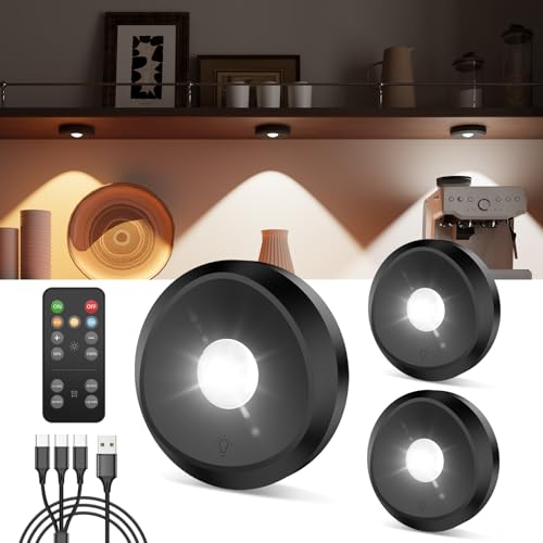USB Aufladbar LED Spots Akku mit Fernbedienung, 2400mAh Vitrinenbeleuchtung Kabellos mit Magnet Timer Unterbauleuchte Küche Rund Schranklicht Ohne Kabel Indirekte Beleuchtung für Schrank Regal Vitrine