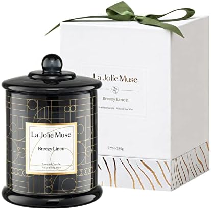 LA JOLIE MUSE Breezy Linen Scented Candle, Natural Soy Wax Candles, Candles for Home Scented, Luxury Jar Candles for Mom Grandma, 70 Hours 10 Oz
